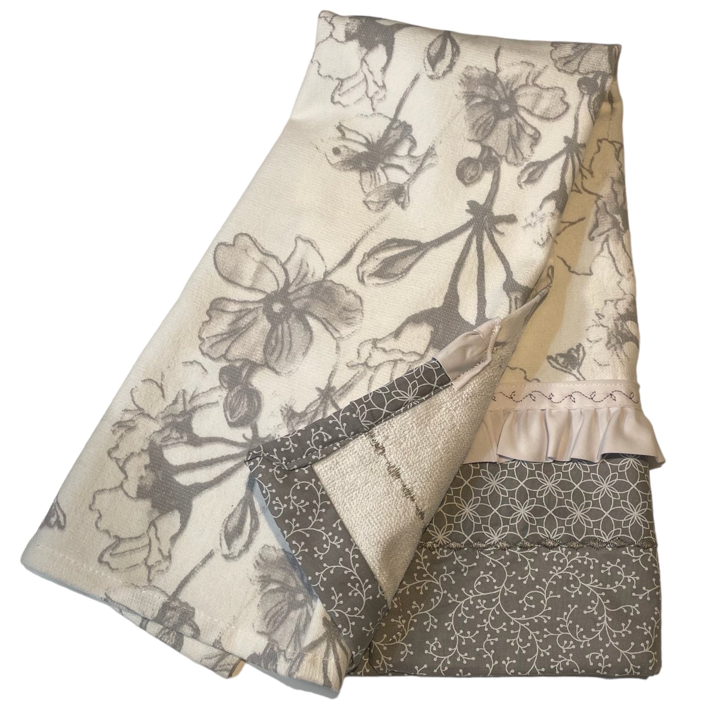 Modern Farmhouse Grey & White Floral Tea Towel - Handcrafted in Canada
