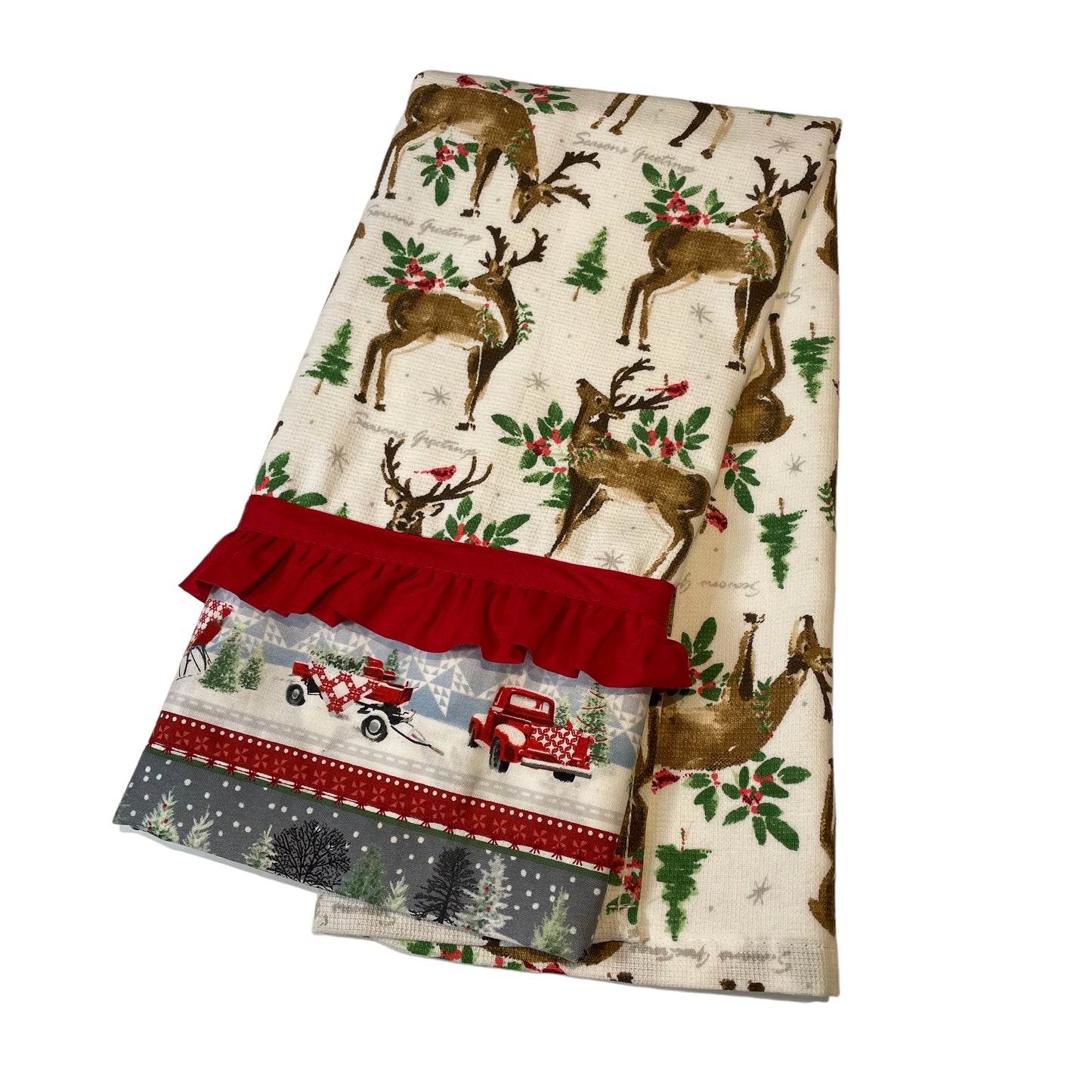 Handcrafted Christmas Reindeer Kitchen Tea Towel with Embroidery Stitching and Red Frilled Trim