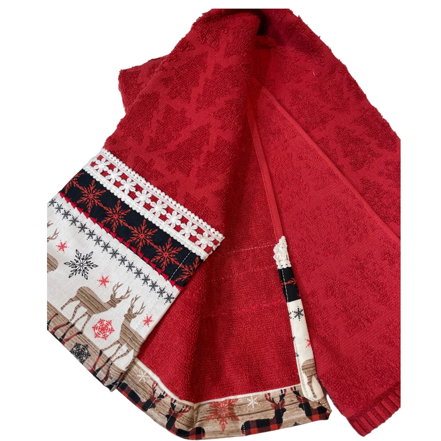 Handcrafted Canadian Christmas Tea Towel with Elegant Lace Trim
