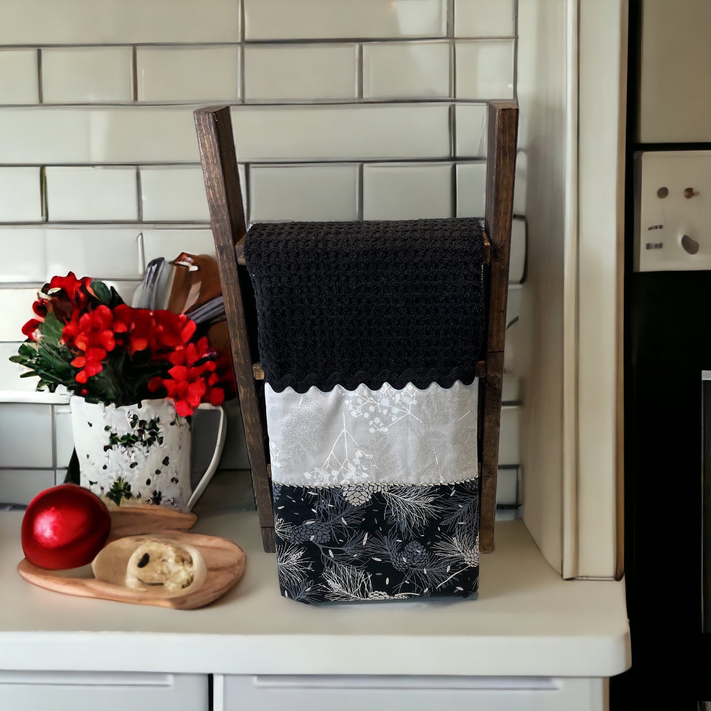 Stunning Handmade Christmas Kitchen Tea Towel in Black and Silver