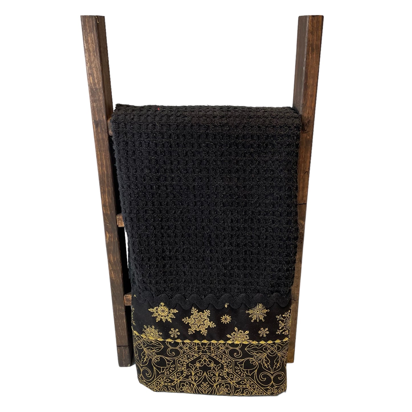 Black & Gold Christmas Dish Towel with Ricrac Trim and Gold Embroidery Stitching