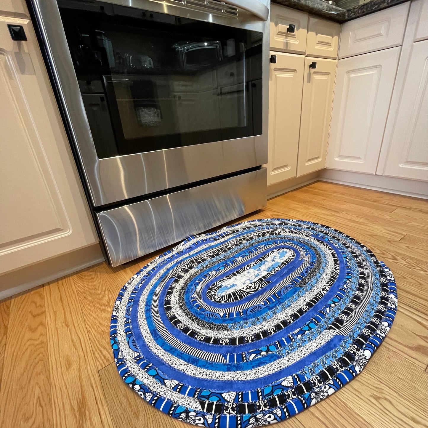 Black and Blue Kitchen Sink Rug or Bathmat, Washable Cotton Rug Handmade