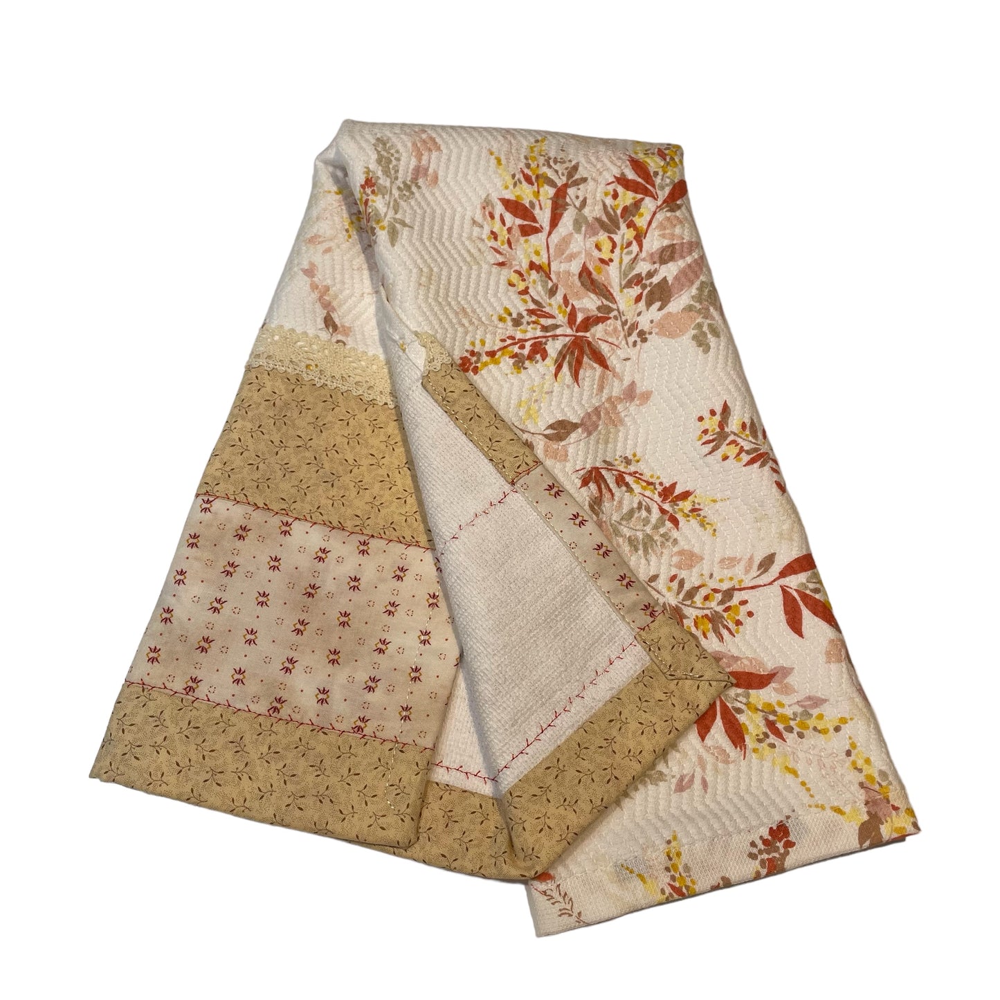 Handcrafted Orange and White Floral Kitchen Towel with Quilting Cotton Detail