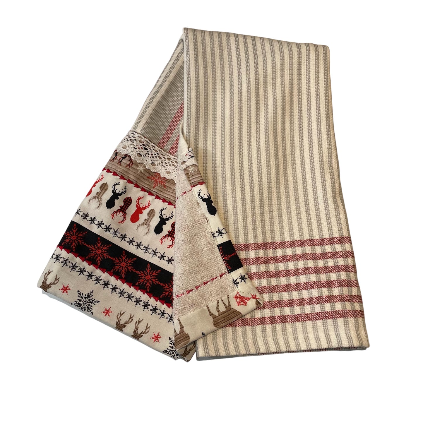 Handcrafted Christmas Reindeer Dish Towel with Quilt Cotton Accents and White Lace Trim