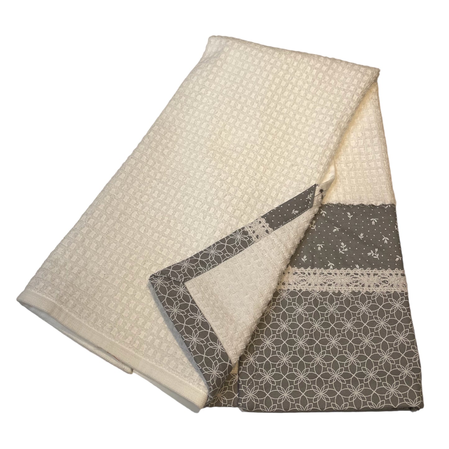 Handcrafted Grey and White Floral Kitchen Dish Towel with Lace
