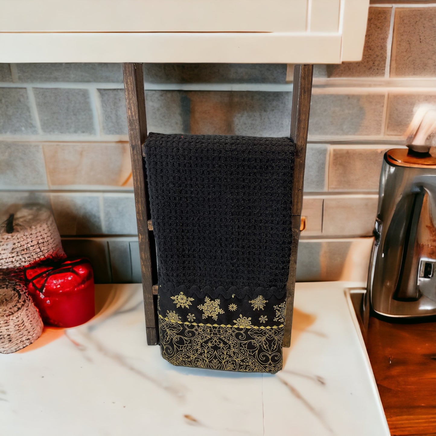Black & Gold Christmas Dish Towel with Ricrac Trim and Gold Embroidery Stitching