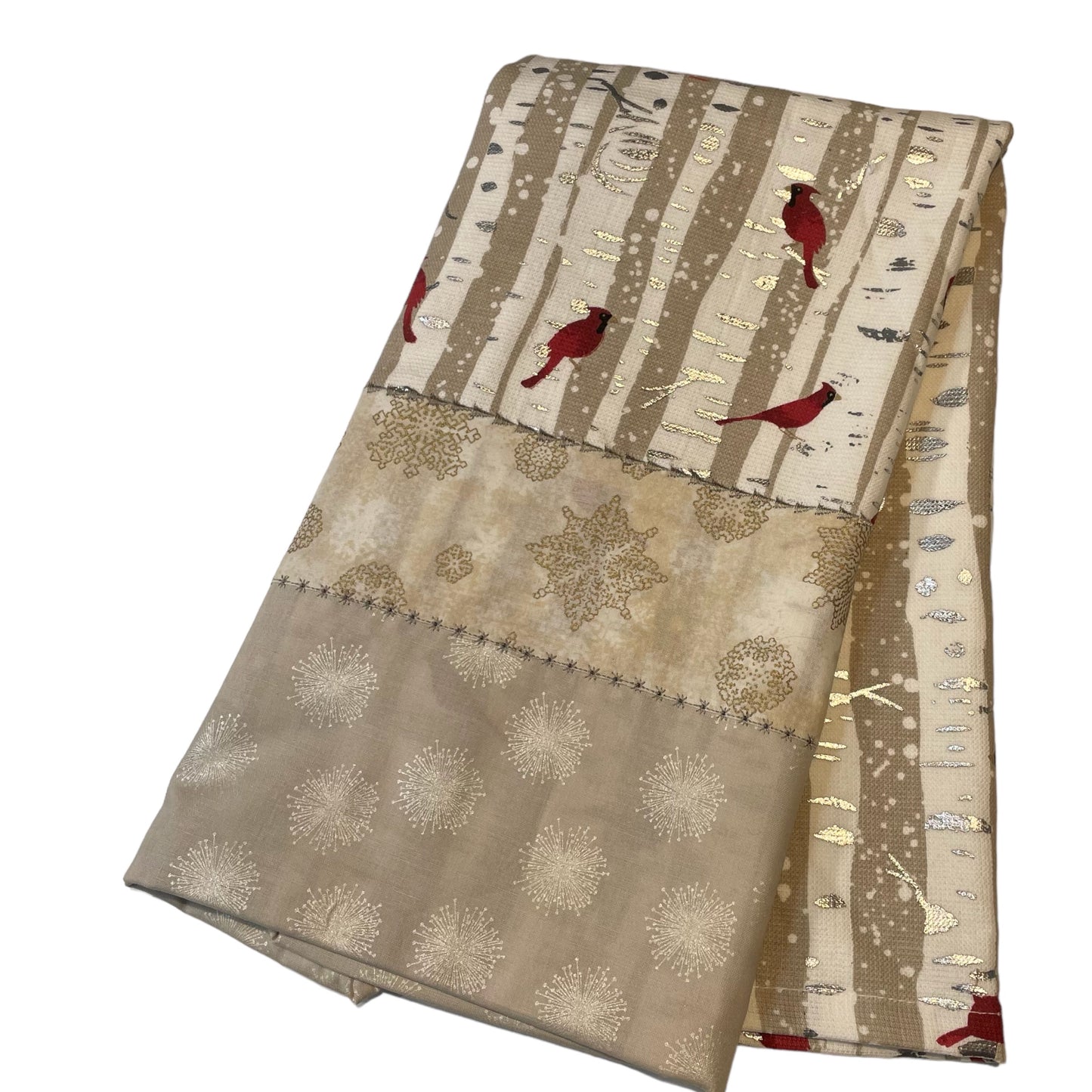 Handcrafted Red Cardinal Christmas Dish Towel with Quilt Cotton Accents