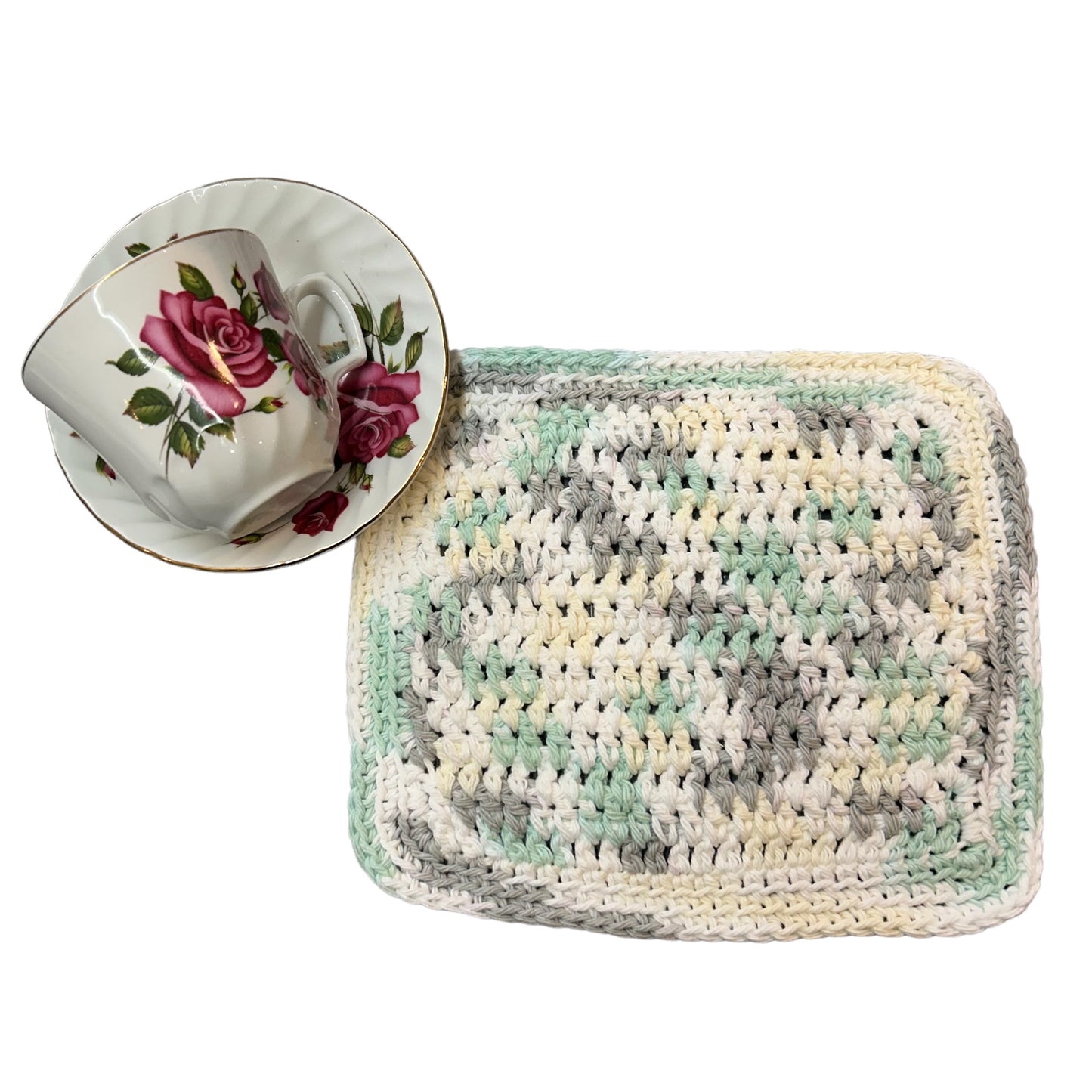 Handmade Cotton Dish Cloth in Light Green and Grey - Crocheted with Love