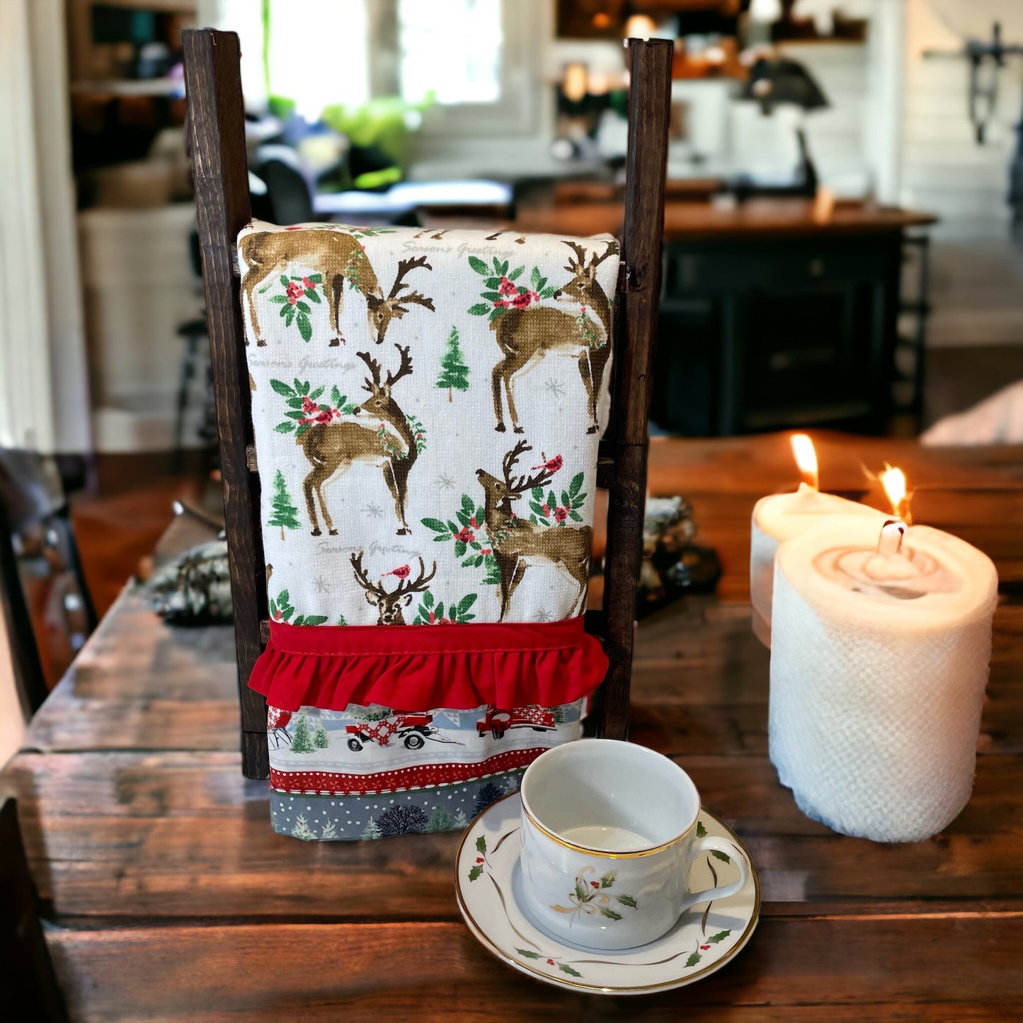 Handcrafted Christmas Reindeer Kitchen Tea Towel with Embroidery Stitching and Red Frilled Trim
