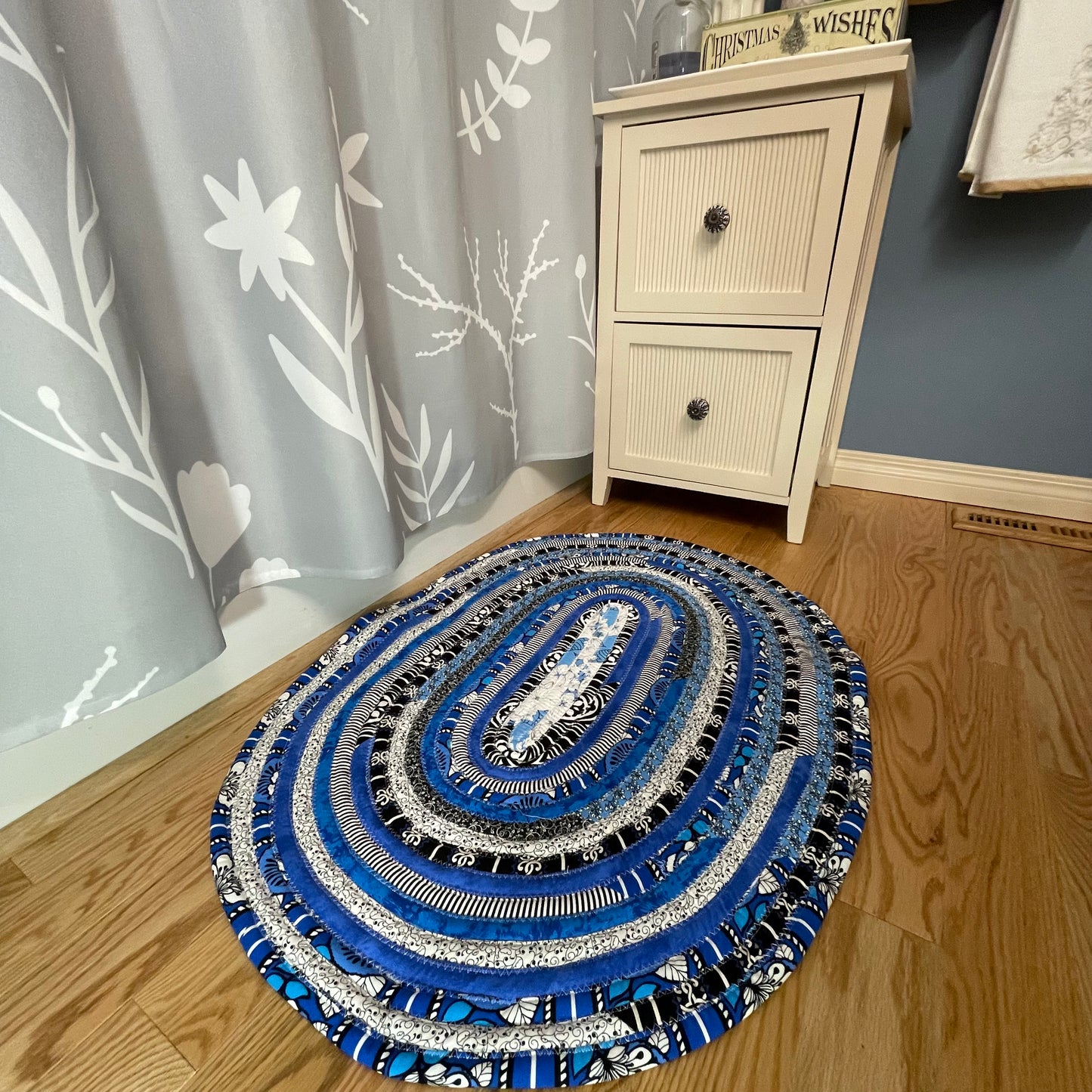 Black and Blue Kitchen Sink Rug or Bathmat, Washable Cotton Rug Handmade