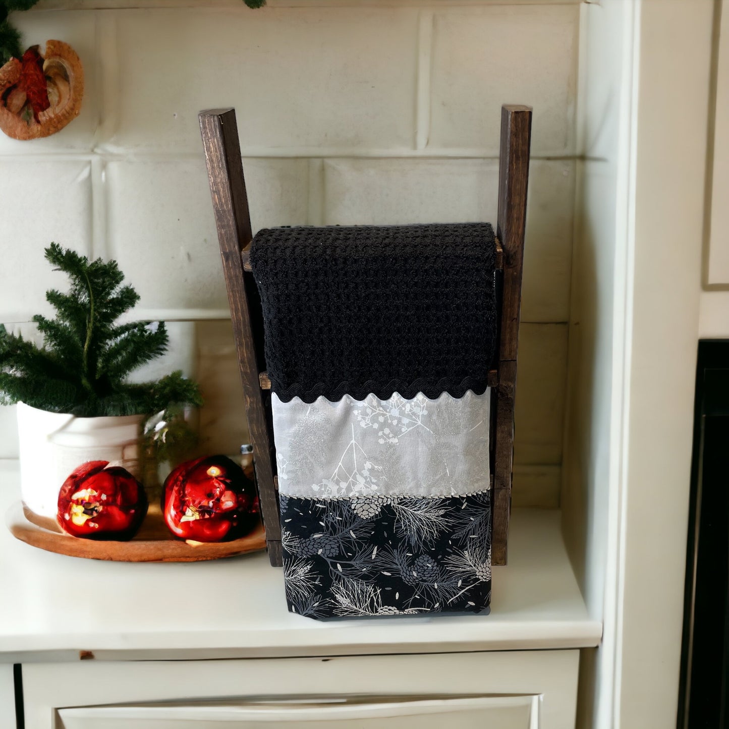 Stunning Handmade Christmas Kitchen Tea Towel in Black and Silver