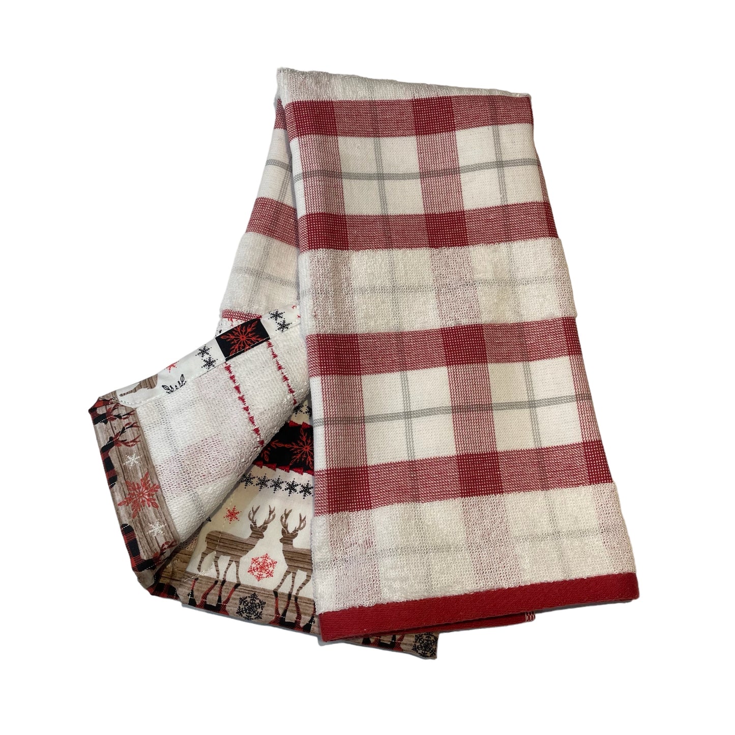 Handcrafted Christmas Red Reindeer Dish Towel with Quilt Cotton Accents and White Lace Trim