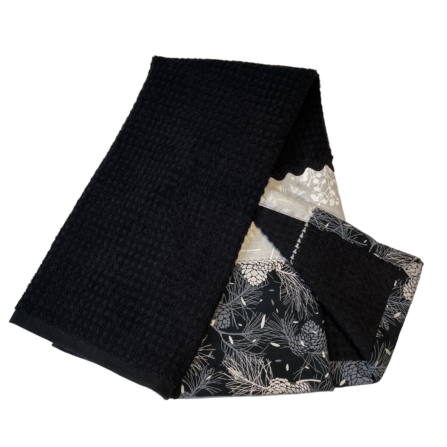 Stunning Handmade Christmas Kitchen Tea Towel in Black and Silver