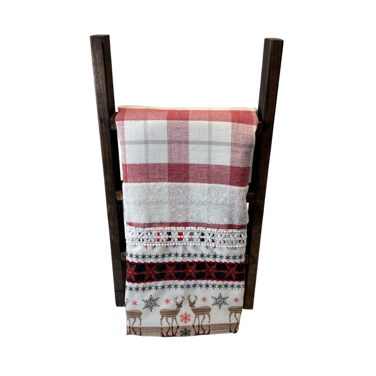Handcrafted Christmas Red Reindeer Dish Towel with Quilt Cotton Accents and White Lace Trim