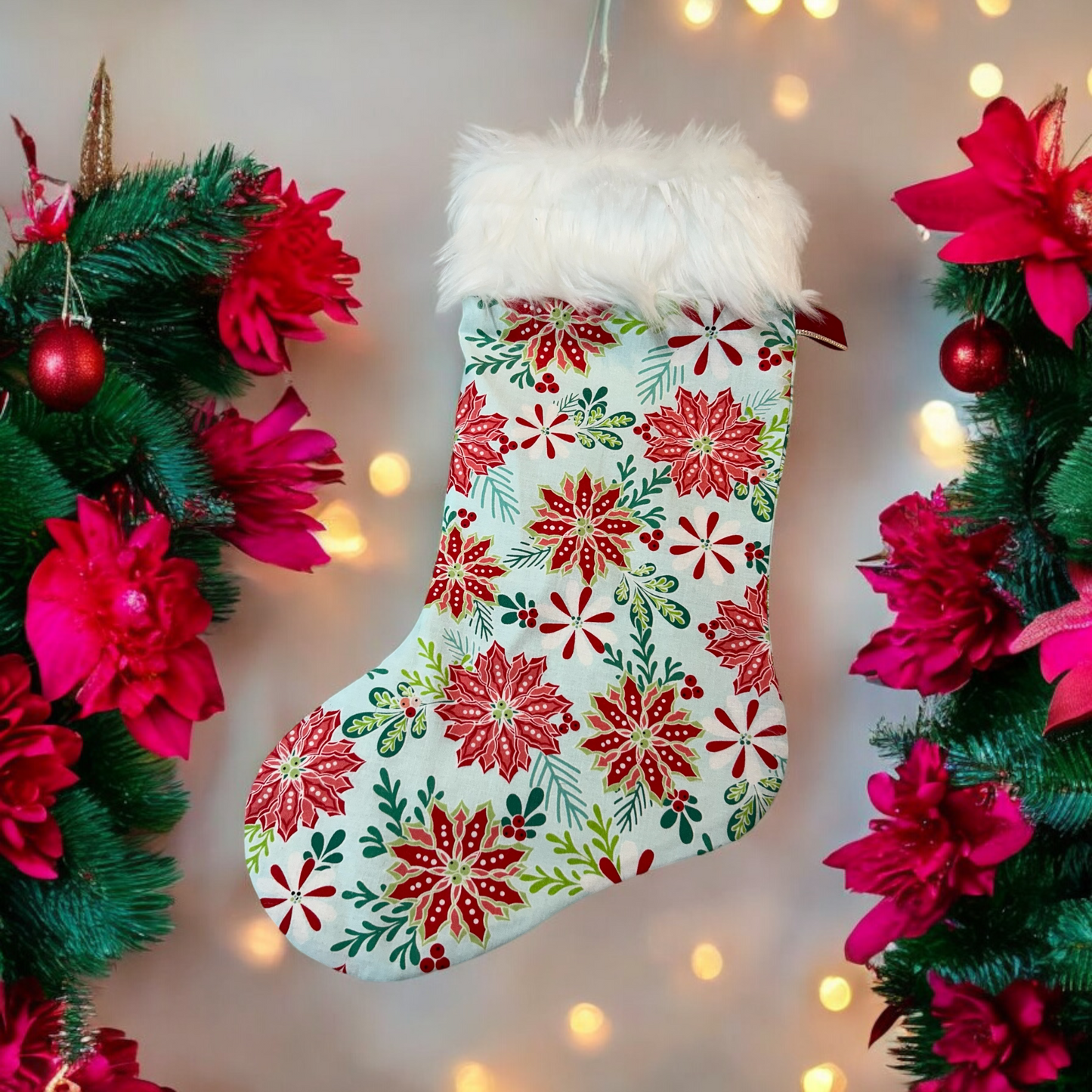 Luxurious Teal Poinsettia Christmas Stocking with Plush Fur Trim - Crafted in Canada