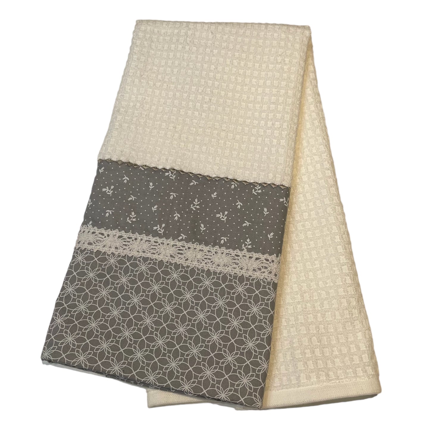 Handcrafted Grey and White Floral Kitchen Dish Towel with Lace