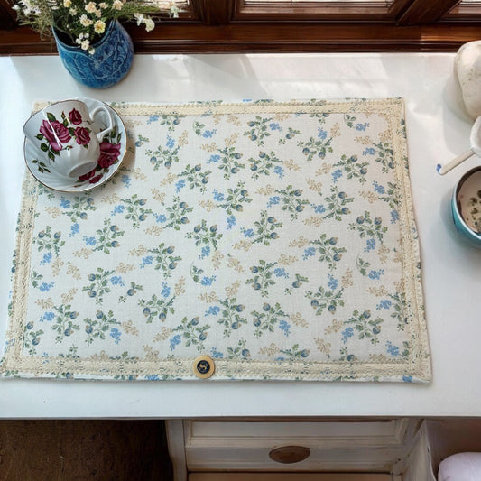 Cottage Core Blue and Cream Floral Dish Drying Mat with Cotton Lace Trim and Decorative Button - Handmade in Canada