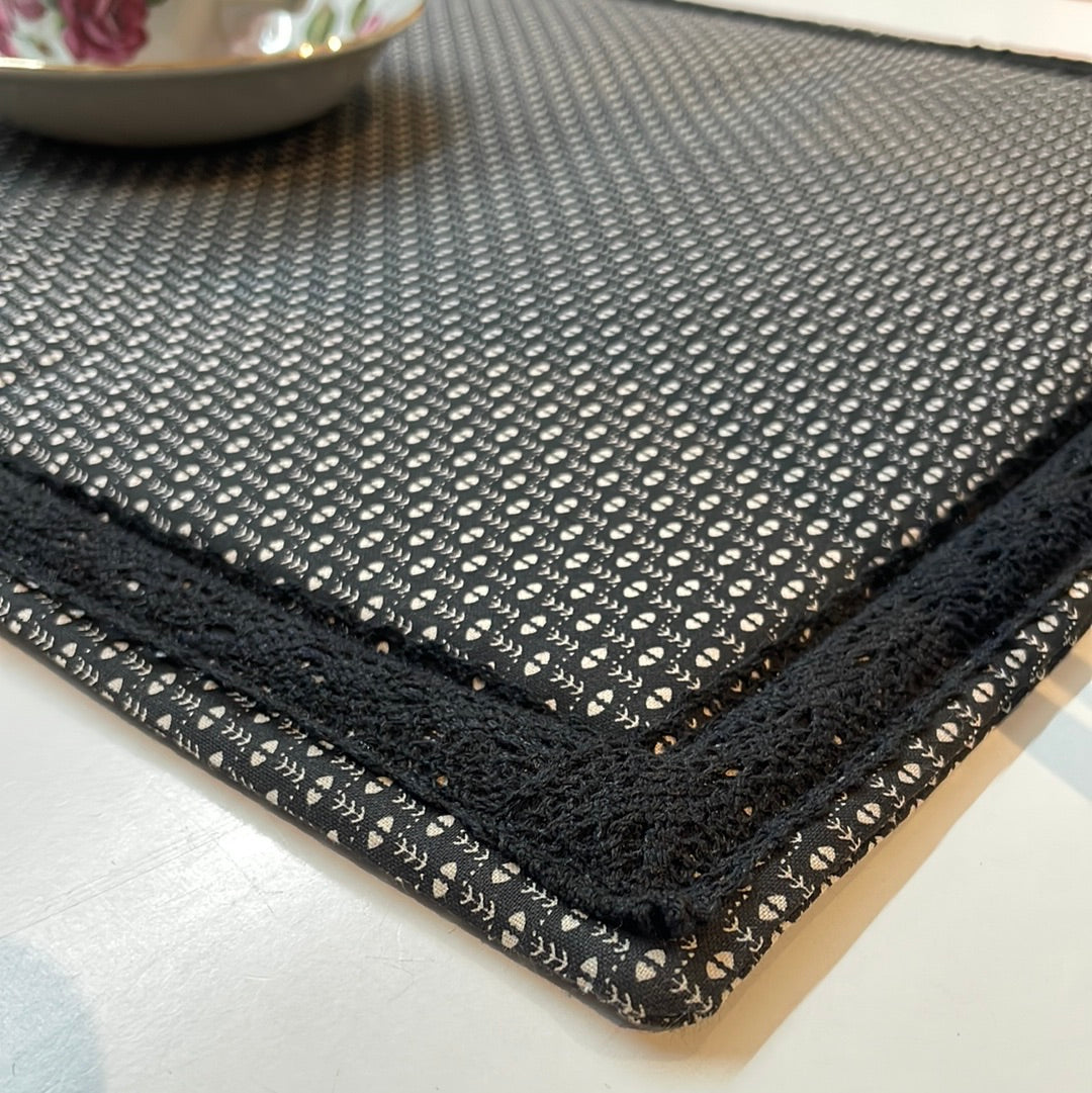 Kitchen Dish Drying Mat, Black and Cream Cotton Cover with Absorbent Dish Mat