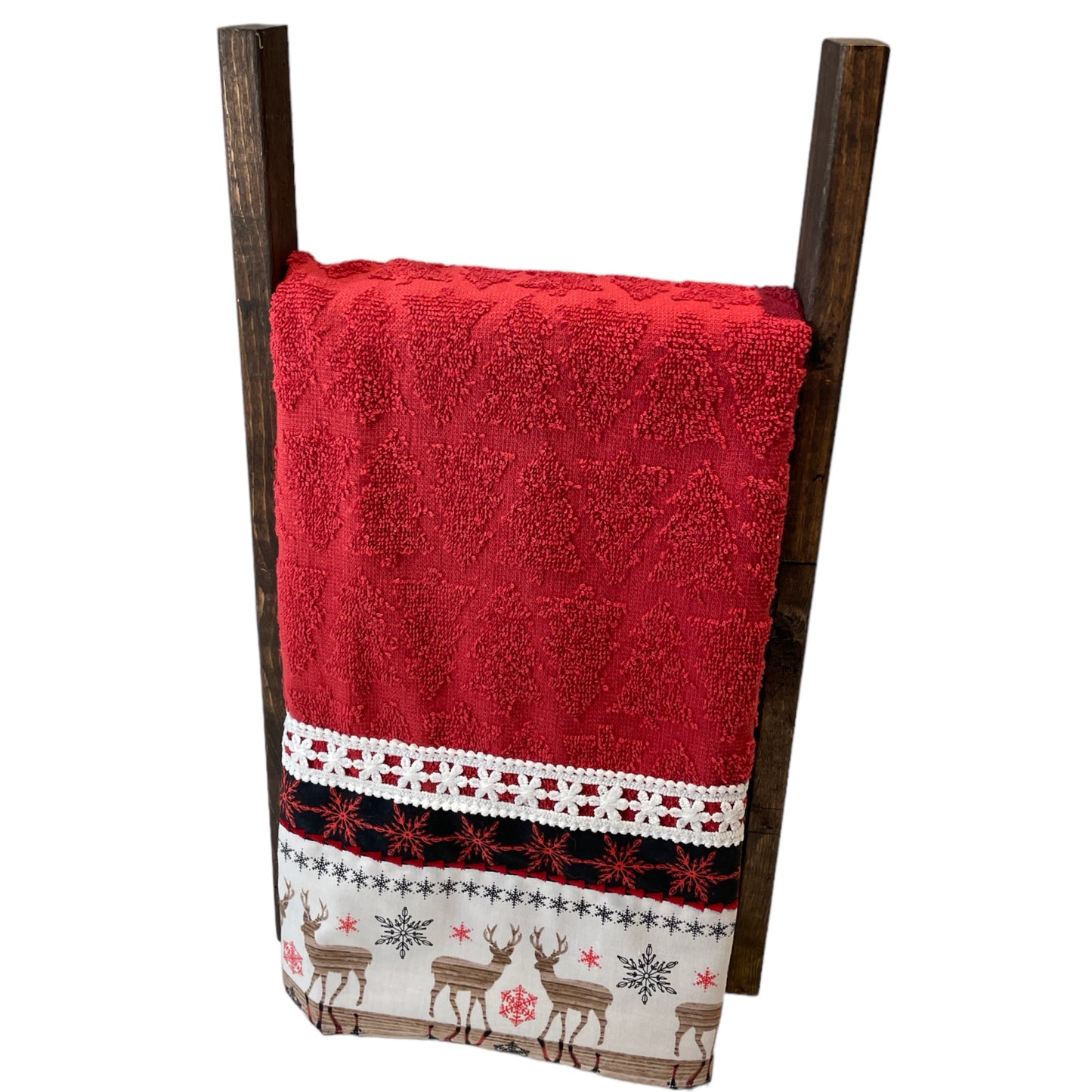 Handcrafted Canadian Christmas Tea Towel with Elegant Lace Trim