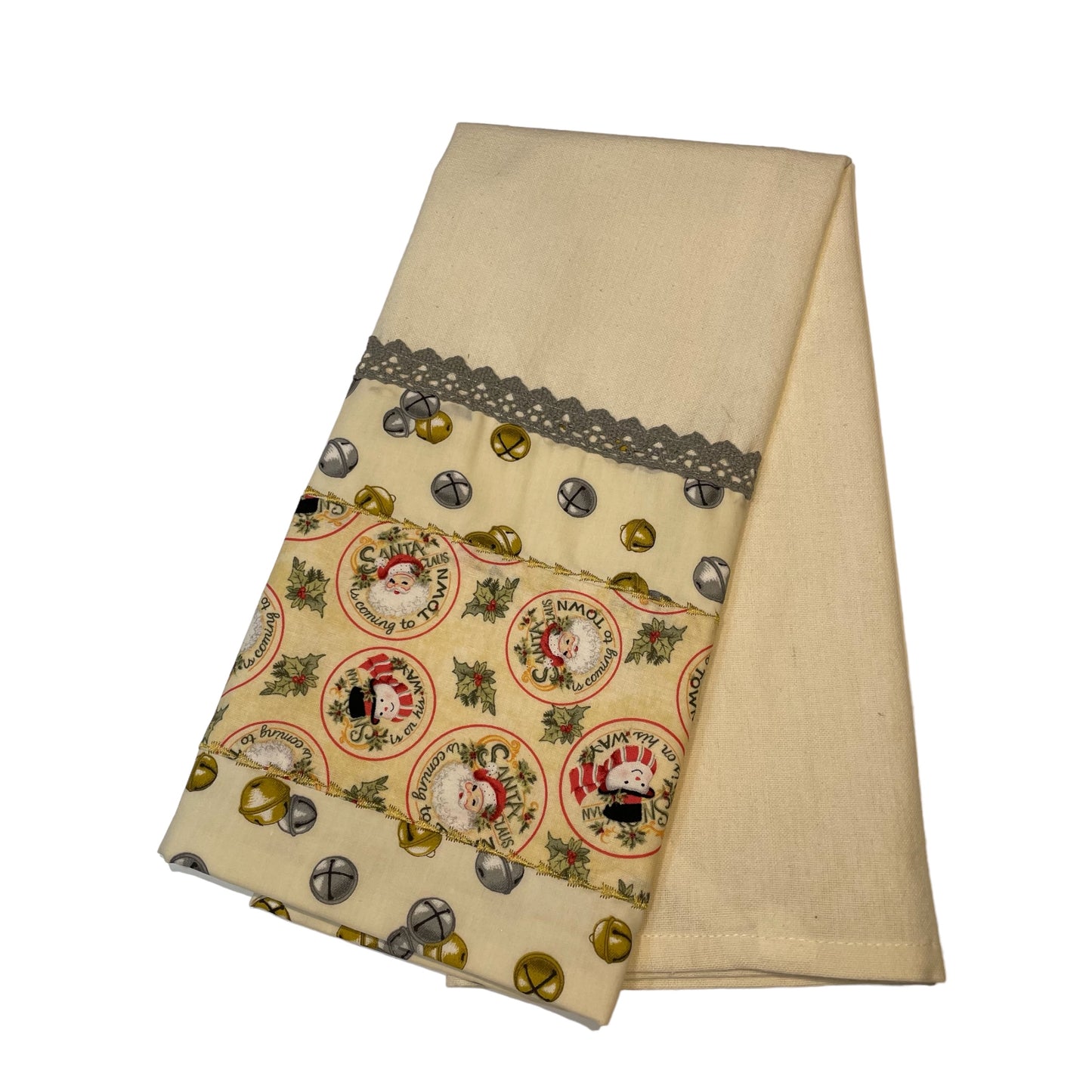 Charming Retro Santa Cream Cotton Dish Towel with Handcrafted Accents
