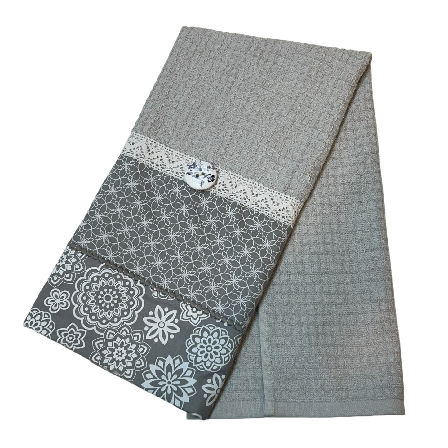 Grey & White Boho Dish Towel with Quilt Cotton Accents