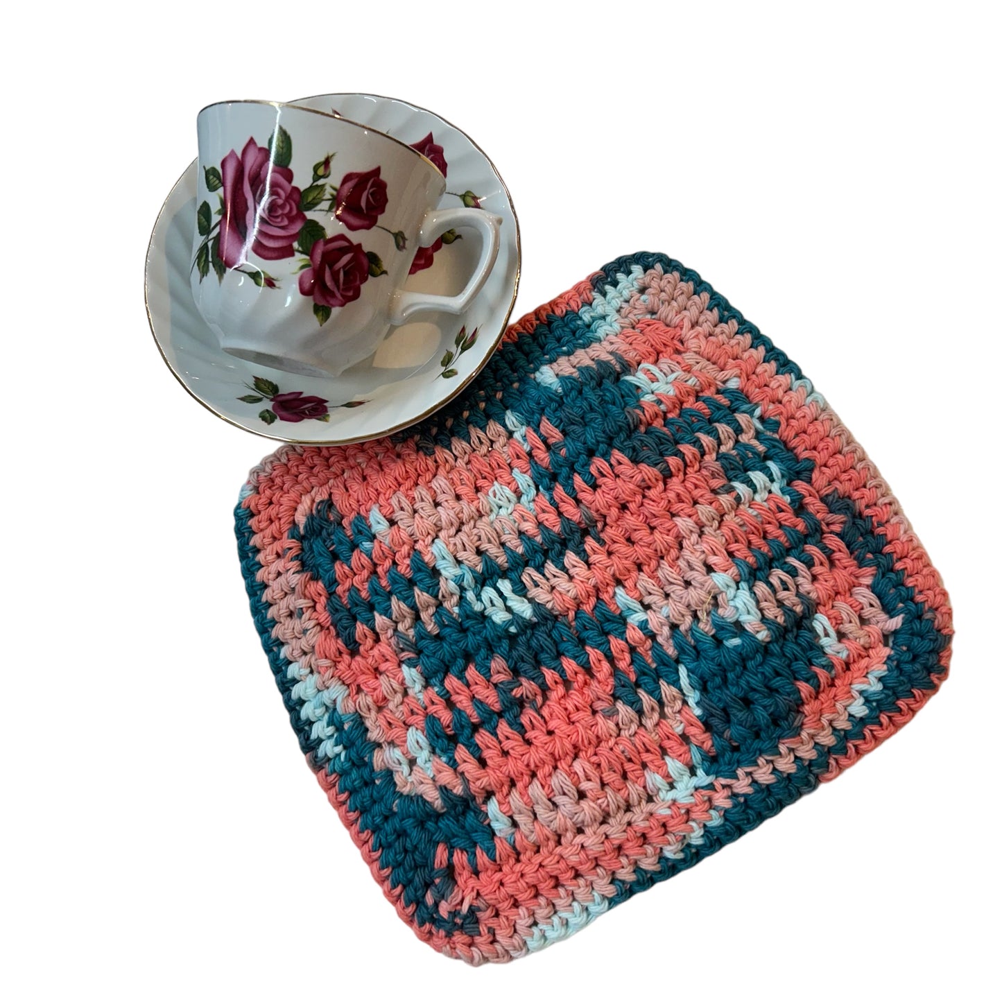 Crotched Cotton Dish Cloth Salmon and Teal Colored Handmade Dish Cloth For Kitchen