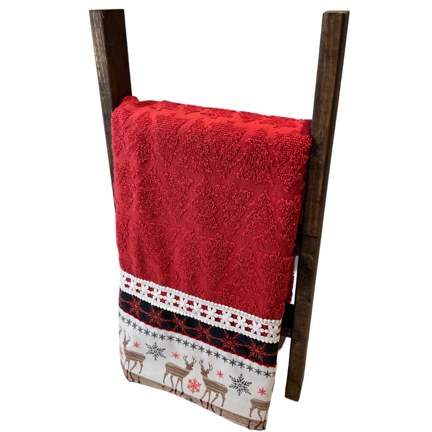 Handcrafted Canadian Christmas Tea Towel with Elegant Lace Trim