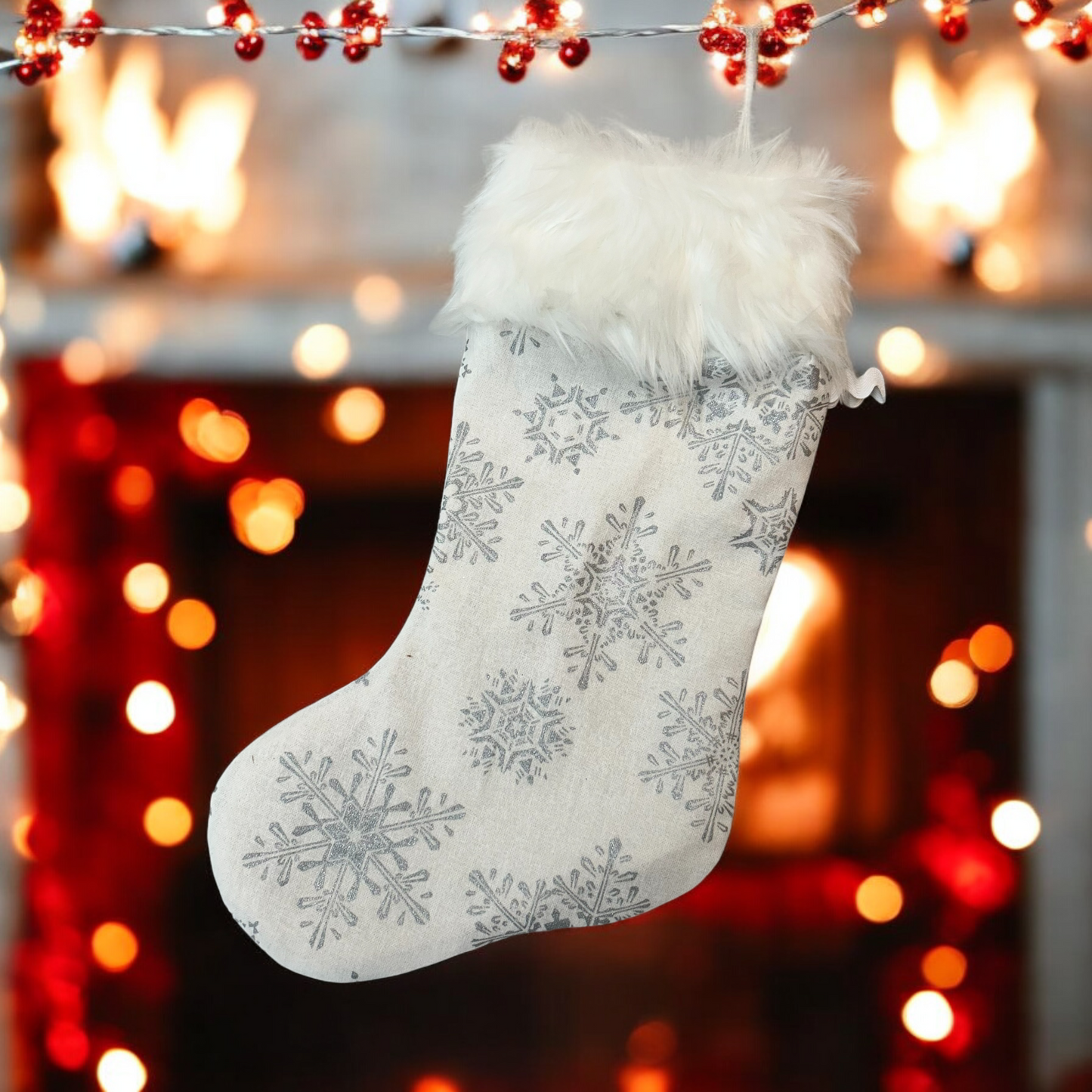 Luxurious Silver Snowflake Christmas Stocking with Fur Trim