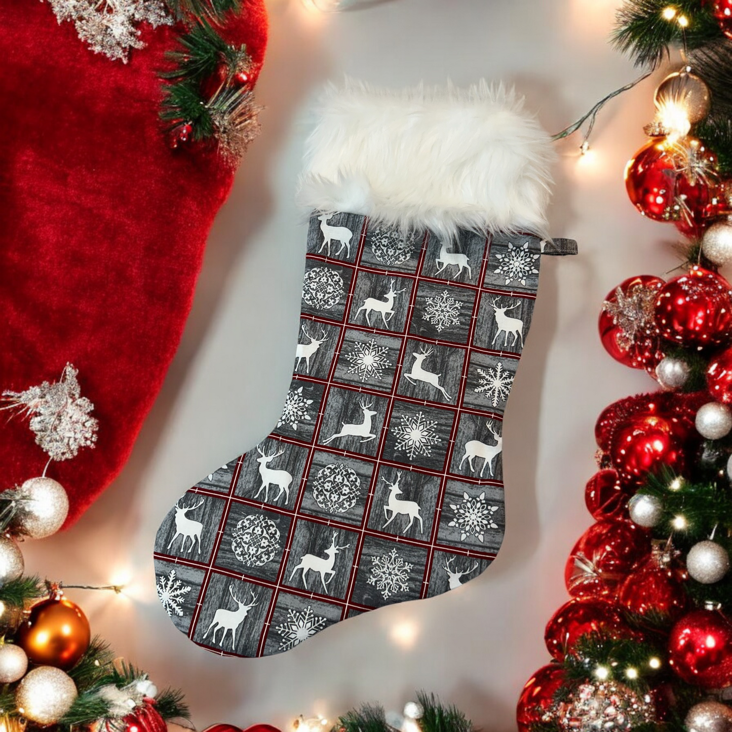 Luxury Grey Reindeer Stocking with Fur Trim - Crafted in Canada
