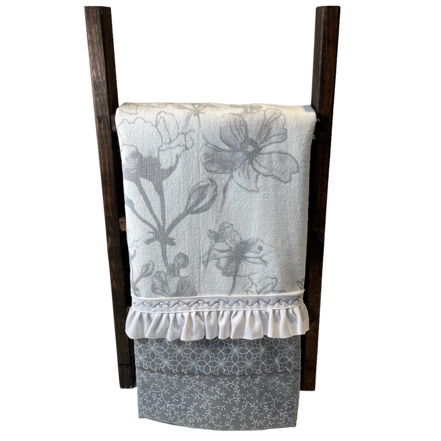 Modern Farmhouse Grey & White Floral Tea Towel - Handcrafted in Canada