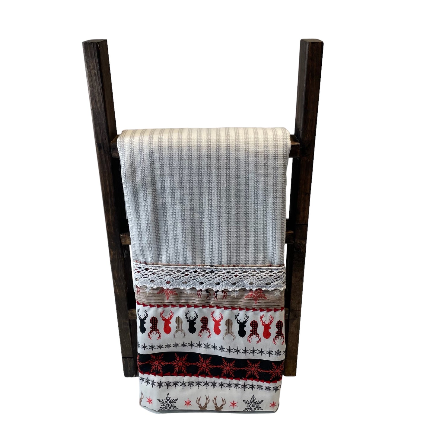 Handcrafted Christmas Reindeer Dish Towel with Quilt Cotton Accents and White Lace Trim