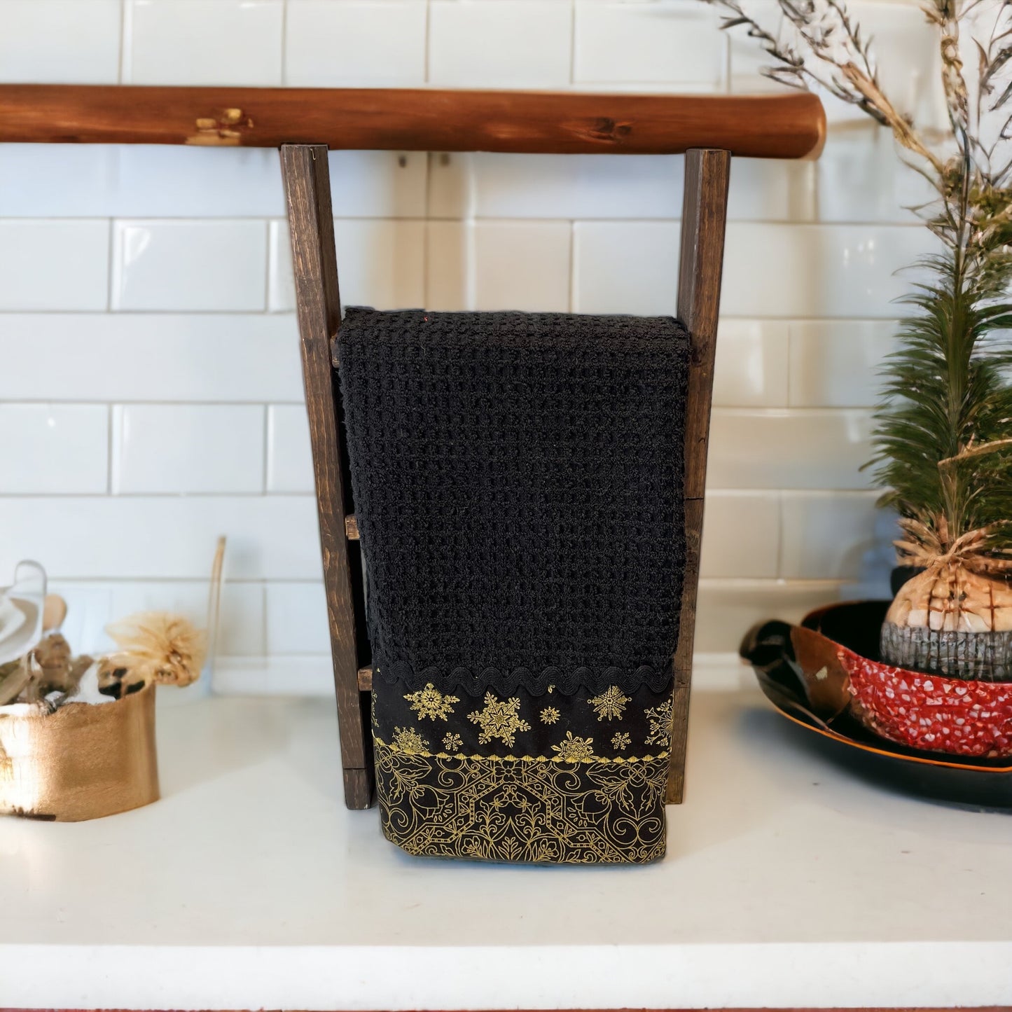Black & Gold Christmas Dish Towel with Ricrac Trim and Gold Embroidery Stitching