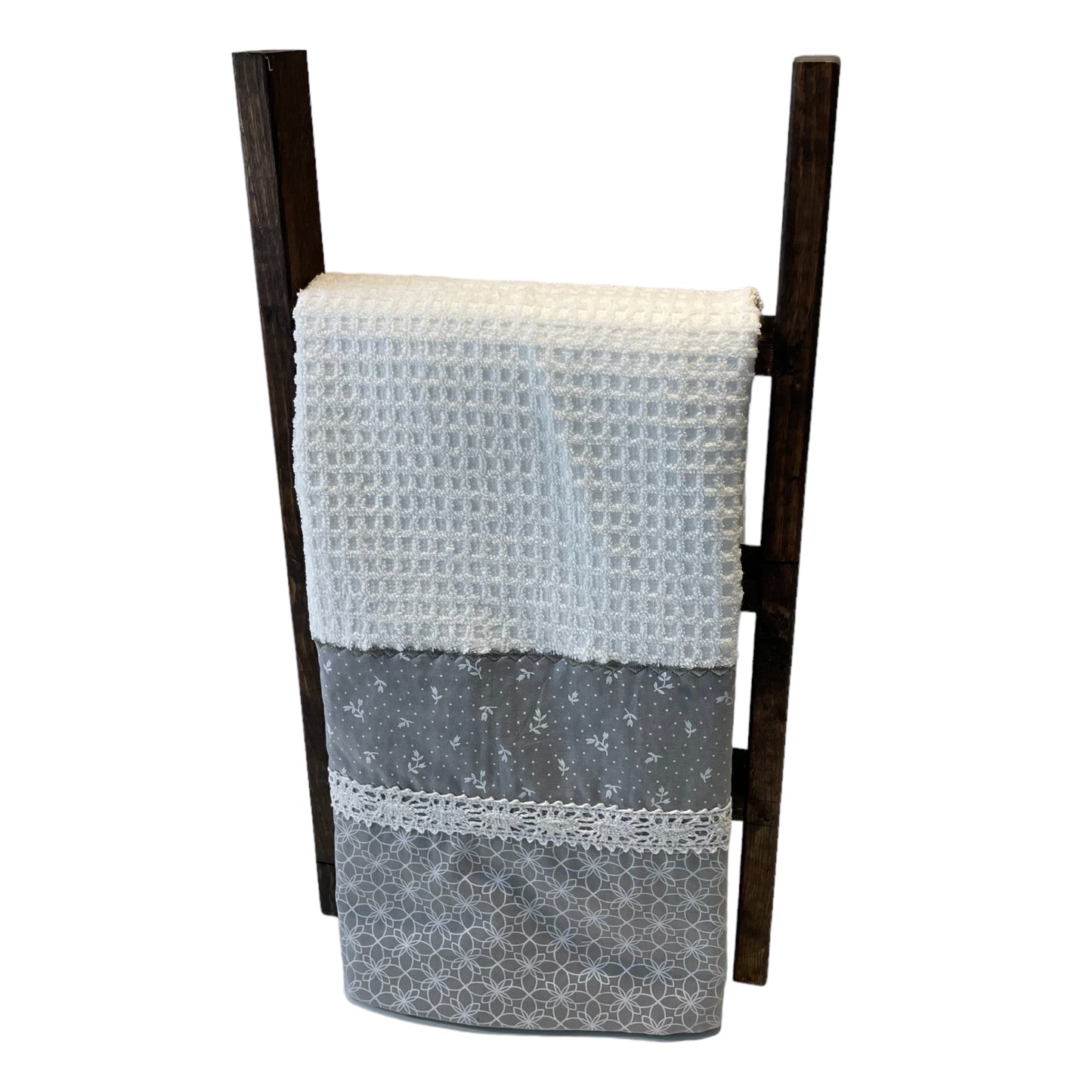 Handcrafted Grey and White Floral Kitchen Dish Towel with Lace