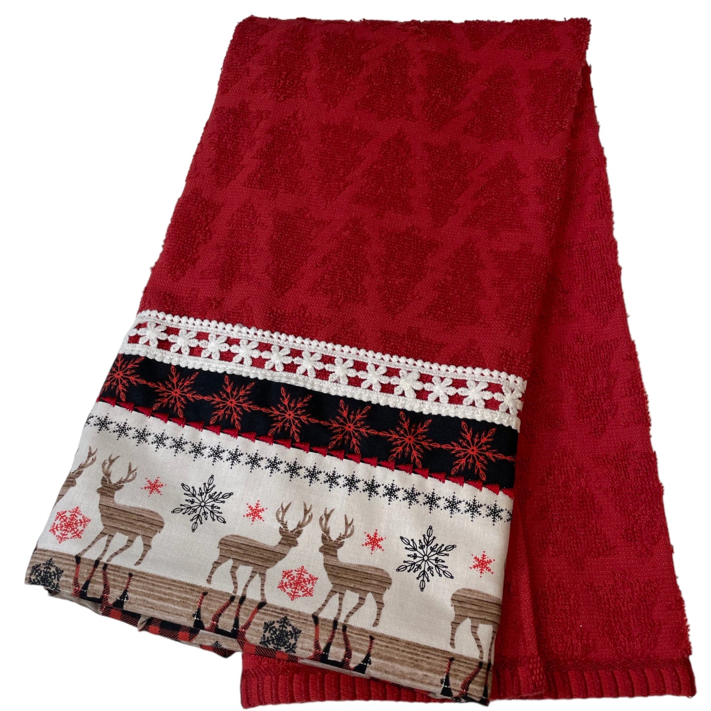 Handcrafted Canadian Christmas Tea Towel with Elegant Lace Trim