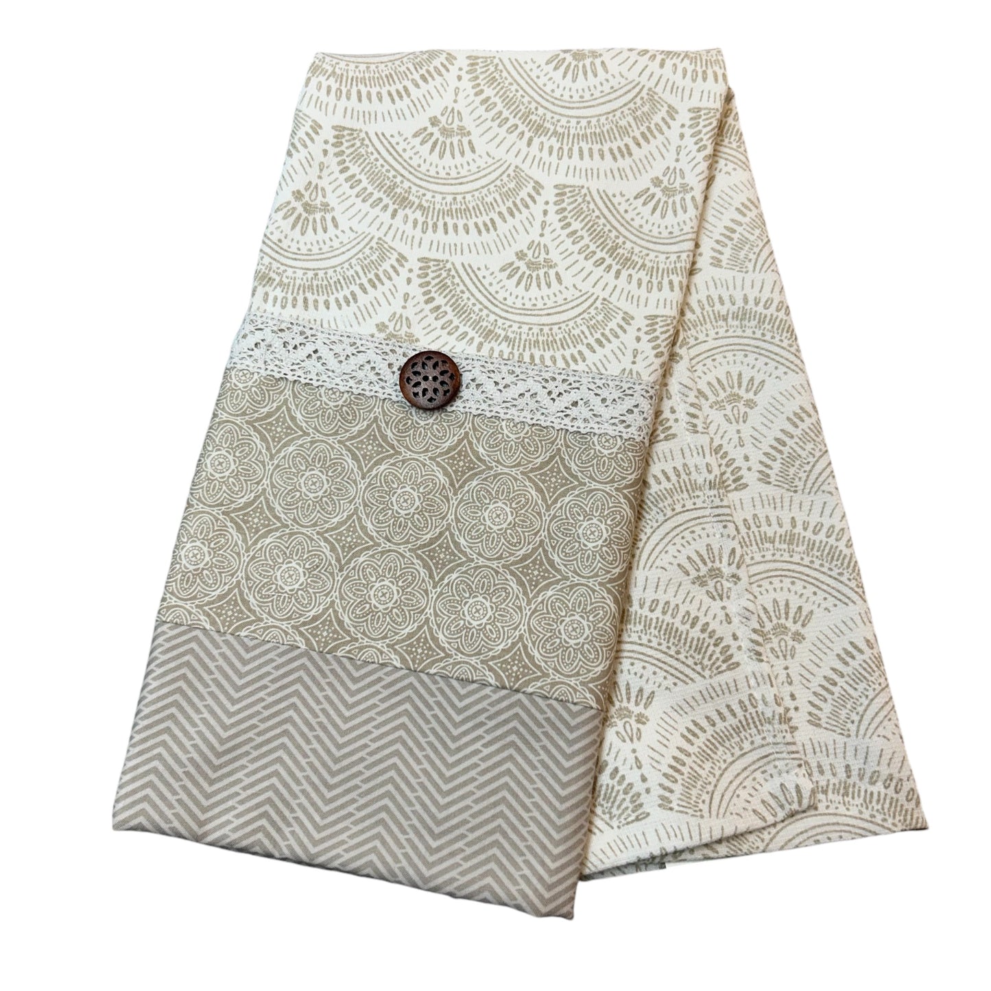 Handcrafted Taupe Farmhouse Dish Towel with Quilt Cotton Detailing and White Lace Trim