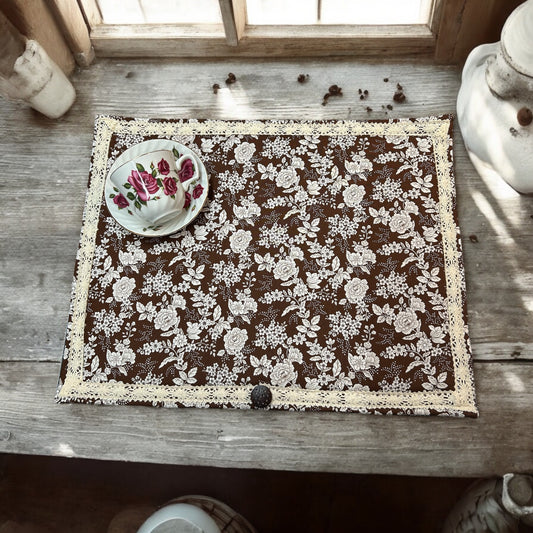 Handcrafted Brown Floral Dish Drying Mat with Cotton Lace Trim and Wooden Button - Made in Canada