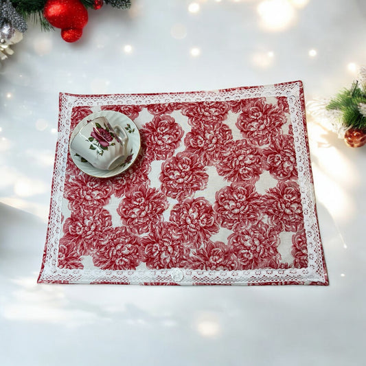 Handcrafted Red Floral Kitchen Dish Drying Mat with Acrylic Button Detail - Made in Canada