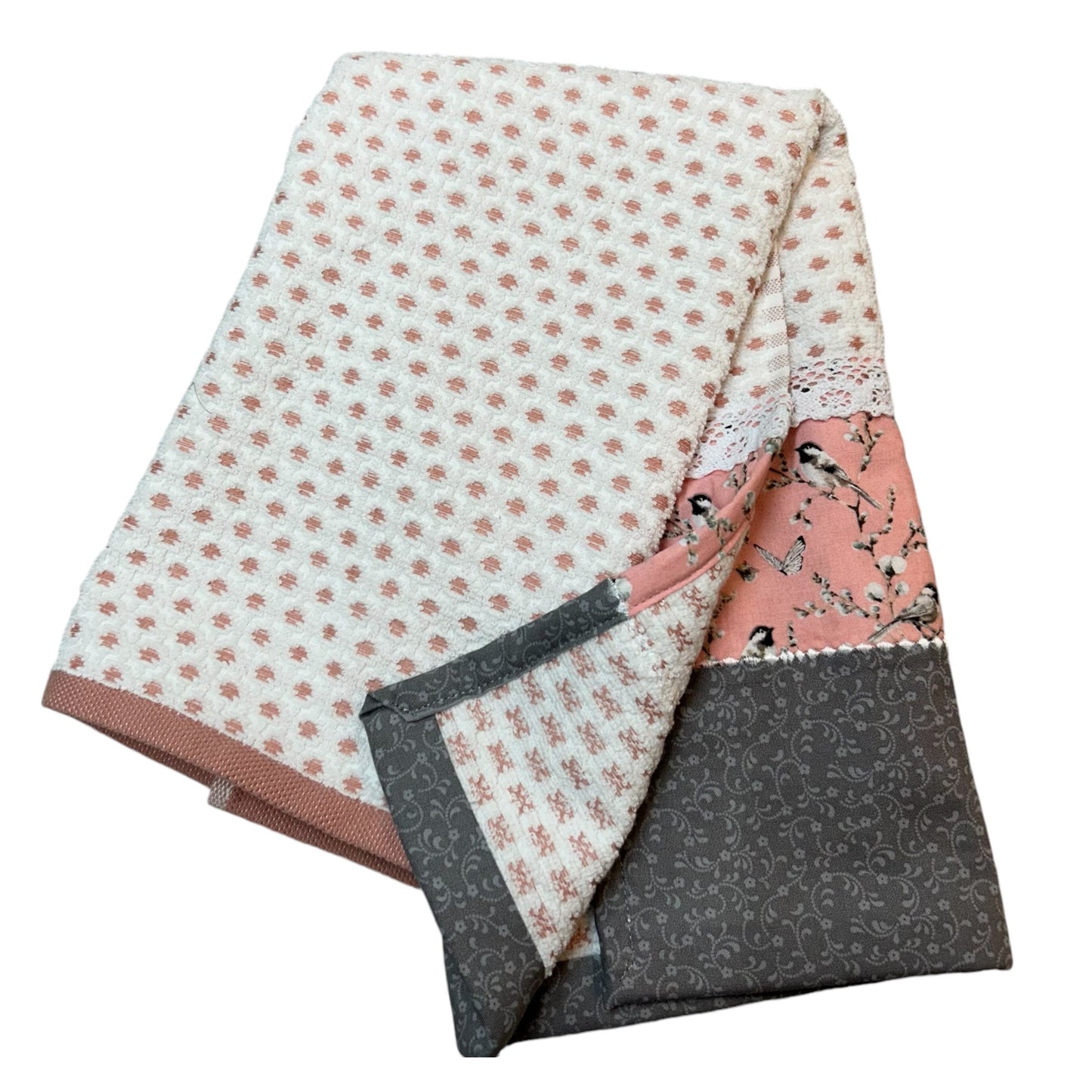 Farmhouse Charm Pink and Grey Dishtowel with Chickadee Print, Handcrafted in Canada