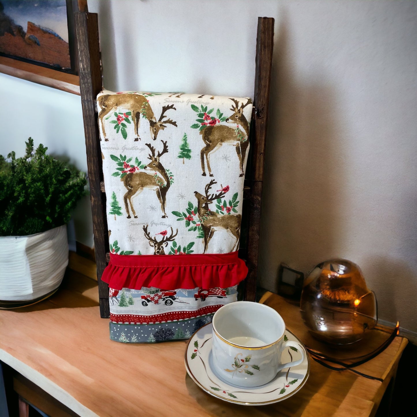 Handcrafted Christmas Reindeer Kitchen Tea Towel with Embroidery Stitching and Red Frilled Trim