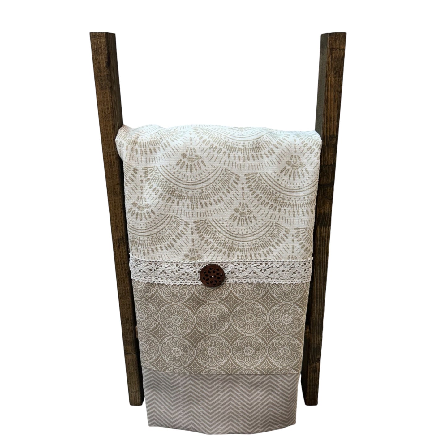 Handcrafted Taupe Farmhouse Dish Towel with Quilt Cotton Detailing and White Lace Trim