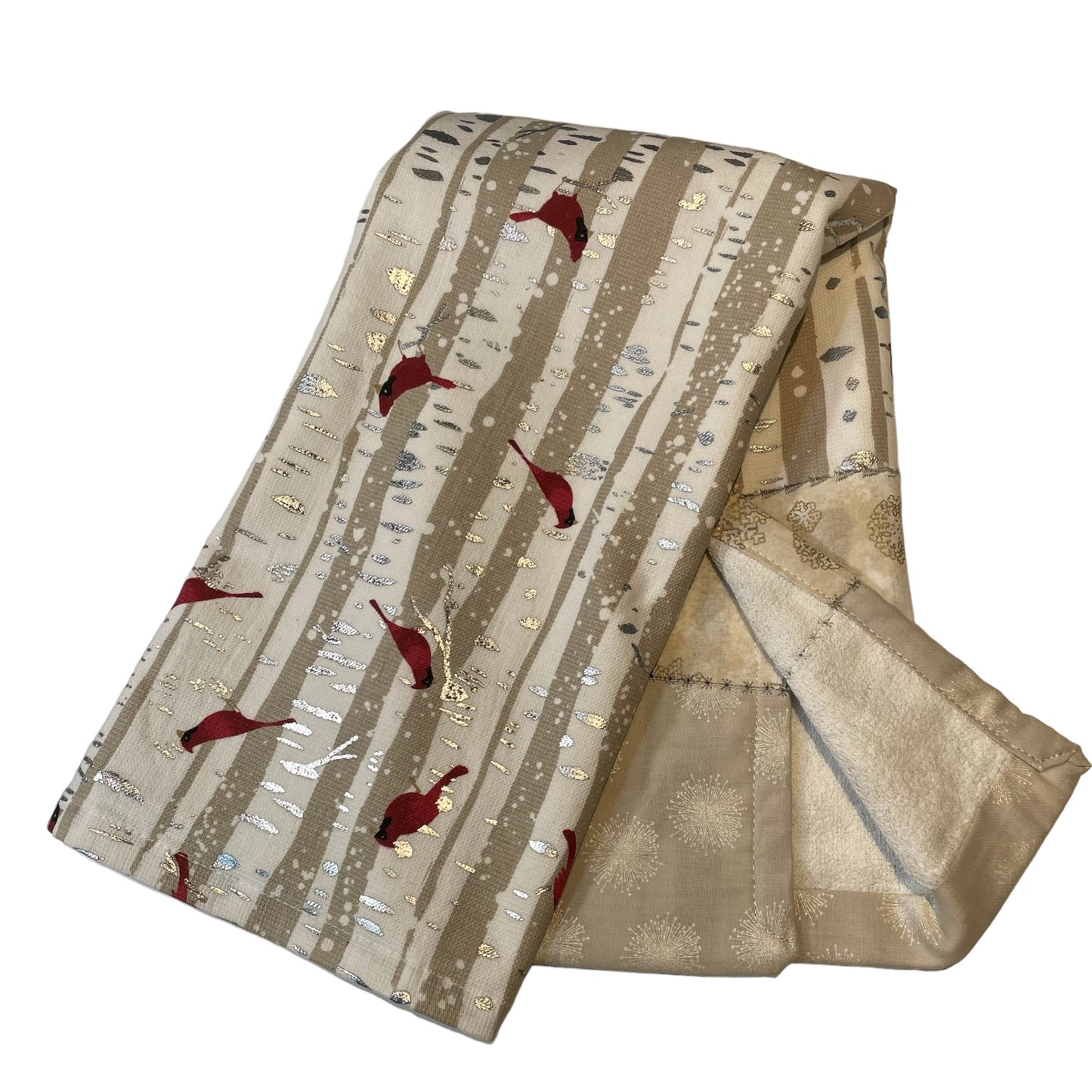Handcrafted Red Cardinal Christmas Dish Towel with Quilt Cotton Accents