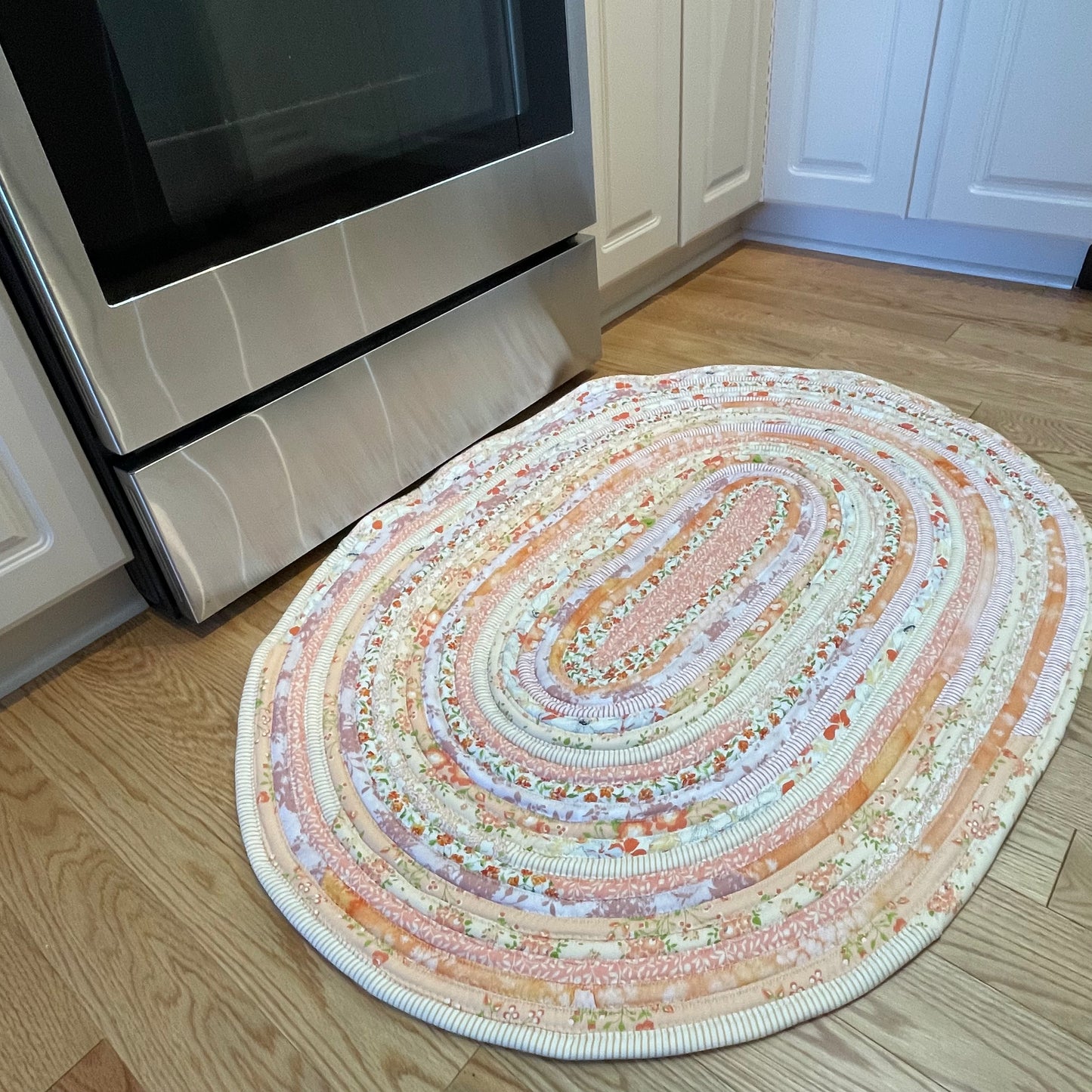 Handmade Modern Farmhouse Kitchen Accent Rug - Washable Cotton Peach and Cream Rug For Kitchen, Bed or Bathroom