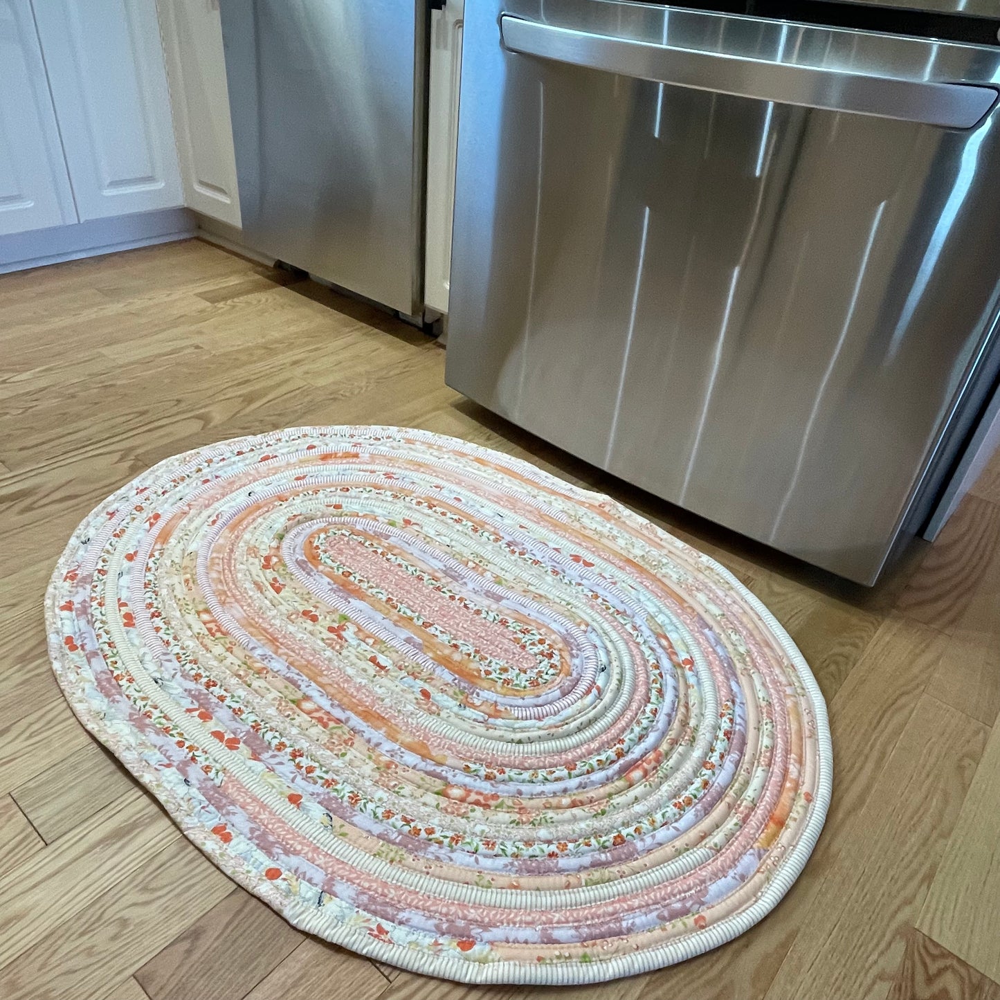 Handmade Modern Farmhouse Kitchen Accent Rug - Washable Cotton Peach and Cream Rug For Kitchen, Bed or Bathroom