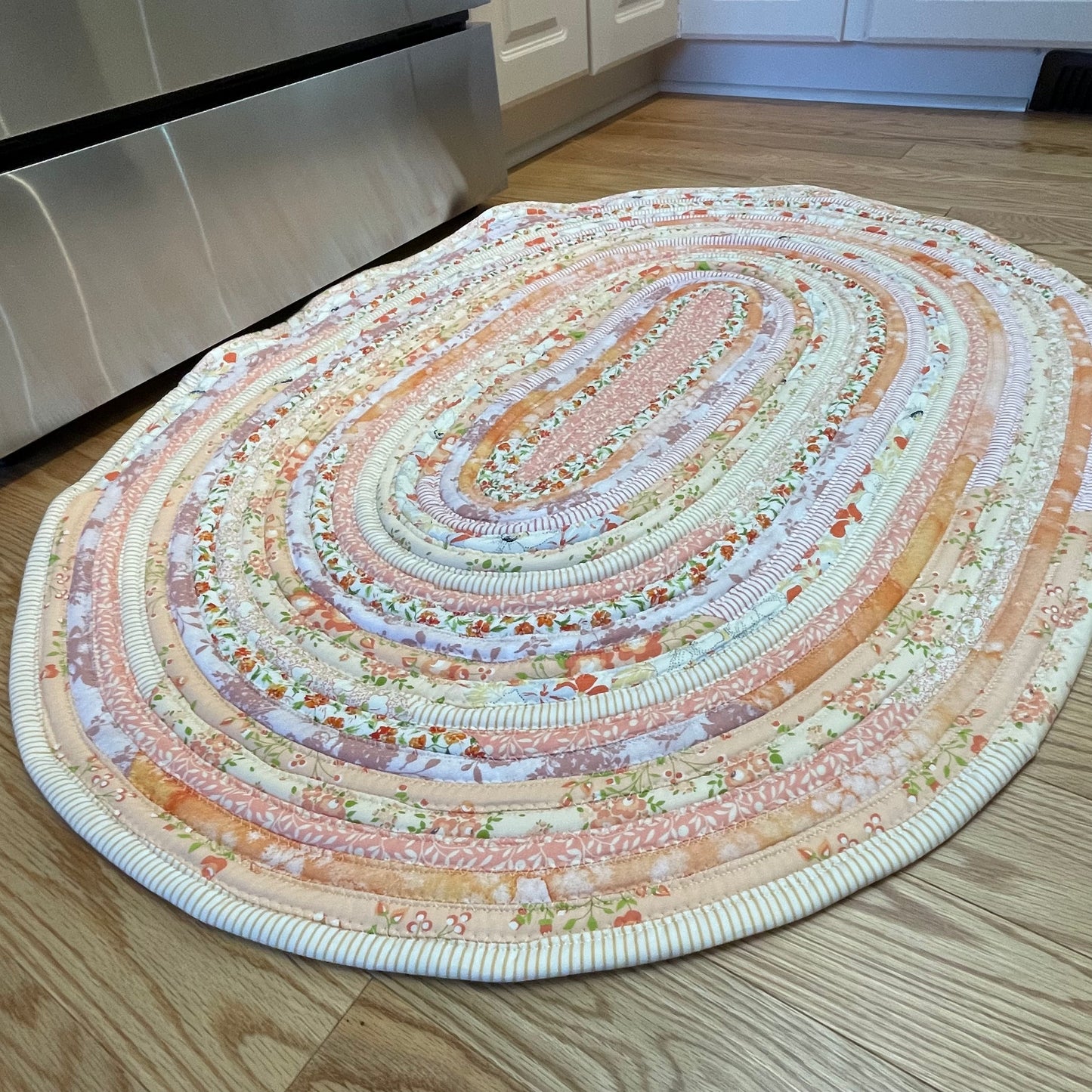 Handmade Modern Farmhouse Kitchen Accent Rug - Washable Cotton Peach and Cream Rug For Kitchen, Bed or Bathroom