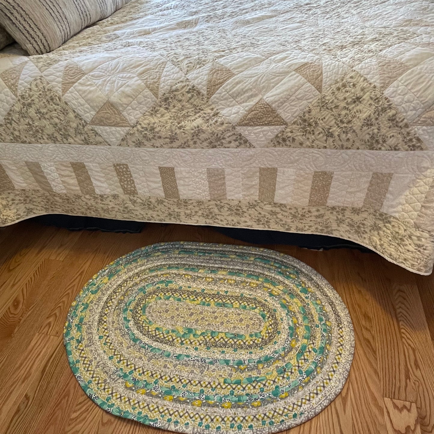Handmade Modern Farmhouse Kitchen Rug - Grey, Yellow, and Teal, Washable in Premium Quilting Cotton