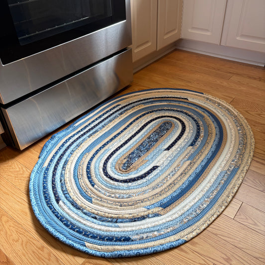 Blue & Cream Jelly Roll Rug – 41 x 31 Inch Oval Handmade Cotton Farmhouse Kitchen Rug | Washable Accent Rug