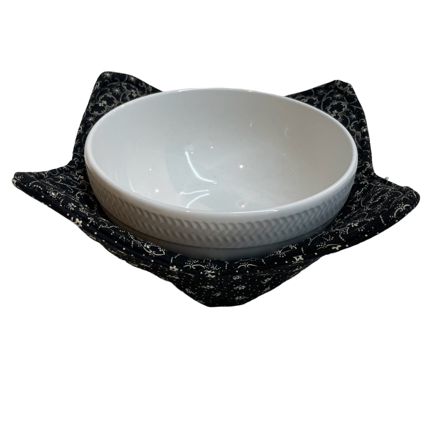 Black and Cream Floral Print Microwave Soup Bowl Cozy