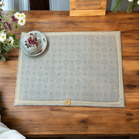 Handmade Beige Modern Farmhouse Dish Drying Mat with Cotton Lace Trim and Wooden Button