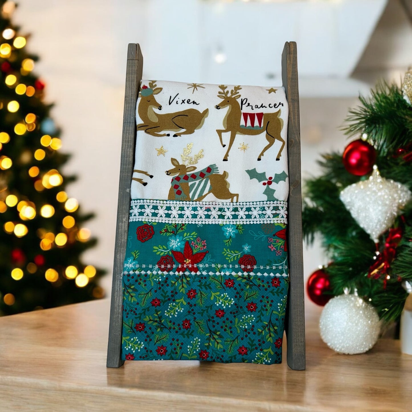 Enchanting Reindeer Christmas Dish Towel with Quilt Cotton Accents