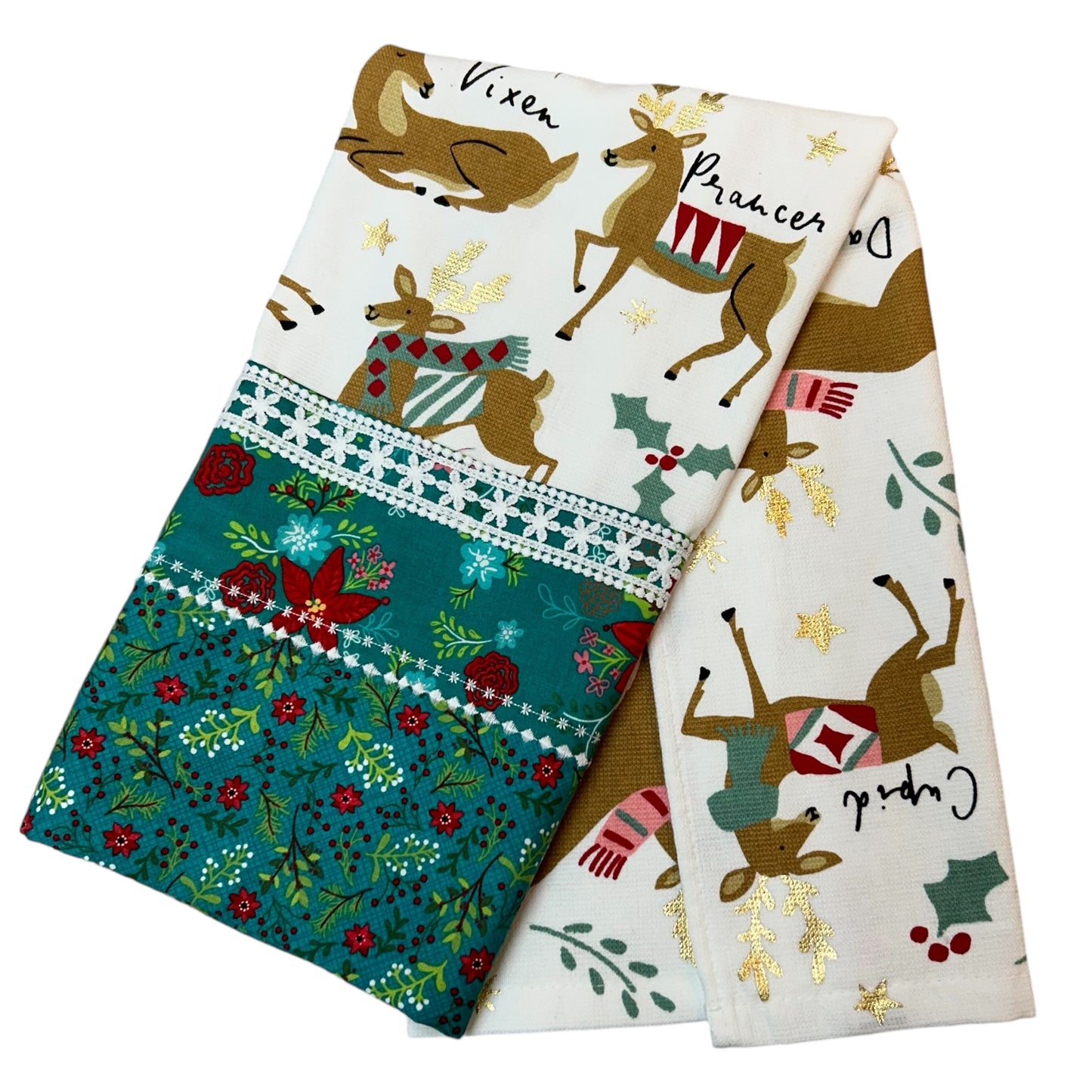 Enchanting Reindeer Christmas Dish Towel with Quilt Cotton Accents
